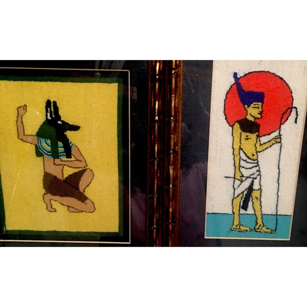 Vtg Framed Egyptian Hand Woven Needleworks of Anubis and Young Ra Sun God,Read